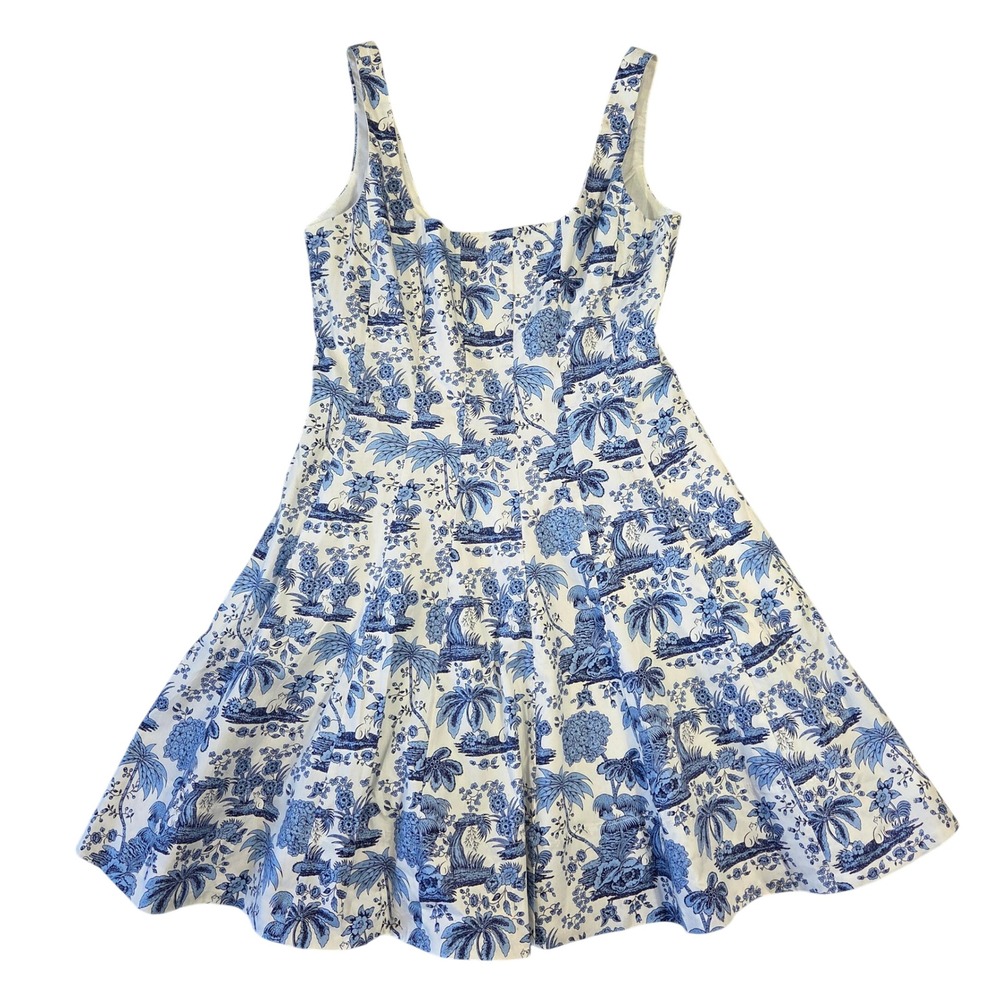 Cynthia Rowley Blue White Tropical Print Fit Flare Dress Womens 10 Preppy Beach - Picture 1 of 9